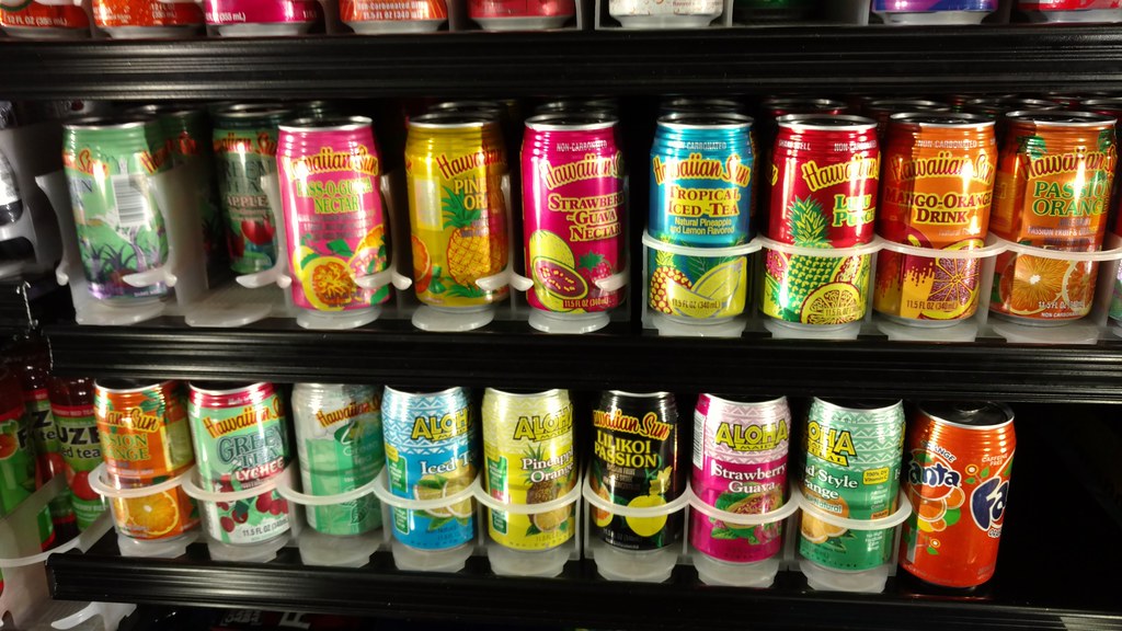 Cans of Hawaiian Sun & Aloha Maid beverages